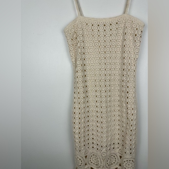 Torn by Ronny Kobo Neutral Boho Crocheted Fringe Midi Dress Size L - Picture 4 of 10